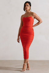 Orange Ruched Corset Bodycon Midi Dress