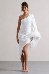 White Asymmetric One Shoulder Cape Midi Dress With Feathers