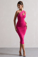 Dark Pink Asymmetric Ruched Midi Dress