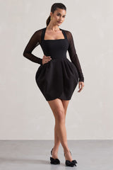Black Square-Neck Mini Dress With Puff Skirt