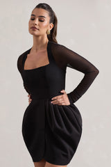 Black Square-Neck Mini Dress With Puff Skirt