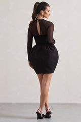 Black Square-Neck Mini Dress With Puff Skirt