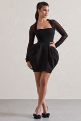 Black Square-Neck Mini Dress With Puff Skirt