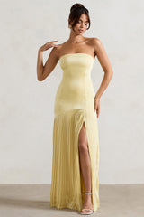 Lemon Satin Bandeau Pleated Split Maxi Dress