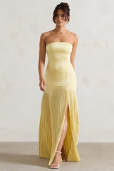 Lemon Satin Bandeau Pleated Split Maxi Dress