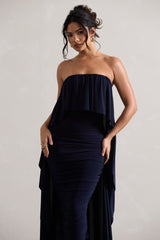 Navy Ruched Bandeau Midi Dress With Cape