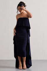 Navy Ruched Bandeau Midi Dress With Cape