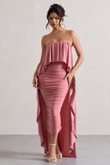 Blush Ruched Bandeau Midi Dress With Cape