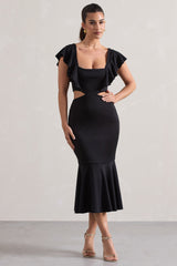 Black Square-Neck Cut-Out Ruffled Midi Dress