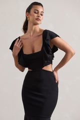 Black Square-Neck Cut-Out Ruffled Midi Dress