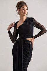 Black Lace Asymmetric Cut-Out Draped Maxi Dress