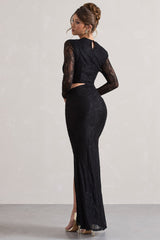 Black Lace Asymmetric Cut-Out Draped Maxi Dress