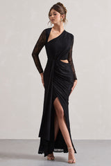 Black Lace Asymmetric Cut-Out Draped Maxi Dress