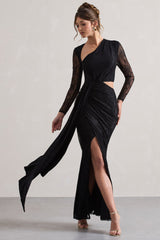 Black Lace Asymmetric Cut-Out Draped Maxi Dress