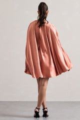 Coral Satin Plunge-Neck Cape Mini Dress