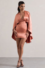 Coral Satin Plunge-Neck Cape Mini Dress