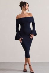 Navy Bardot Flared-Sleeve Midi Dress