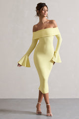 Lemon Bardot Flared-Sleeve Midi Dress