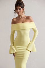 Lemon Bardot Flared-Sleeve Midi Dress