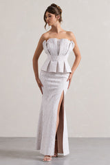 White Lace Strapless Ruffled Split Maxi Dress
