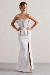 White Lace Strapless Ruffled Split Maxi Dress
