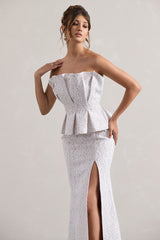 White Lace Strapless Ruffled Split Maxi Dress