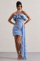 Blue Lace Strapless Ruffled Mini Dress With Drape