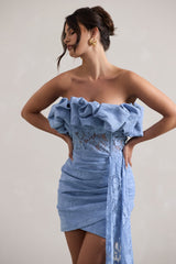 Blue Lace Strapless Ruffled Mini Dress With Drape