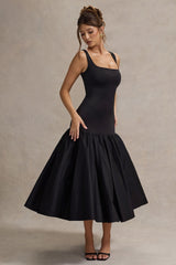 Black Poplin Drop-Waist Midi Dress With Peplum Hem