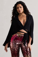 Black Wrap Crop Top With Cape