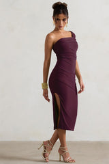 Plum Asymmetric One-Shoulder Split Midi Dress