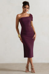 Plum Asymmetric One-Shoulder Split Midi Dress