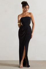 Black Strapless Cut-Out Maxi Dress With Twist Skirt