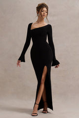 Black Asymmetric Long-Sleeve Split Maxi Dress