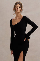 Black Asymmetric Long-Sleeve Split Maxi Dress