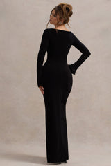 Black Asymmetric Long-Sleeve Split Maxi Dress