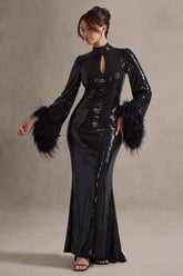 Black Sequin High-Neck Maxi Dress With Feather Cuffs