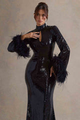 Black Sequin High-Neck Maxi Dress With Feather Cuffs