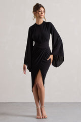 Black Drape-Sleeve Gathered Midi Dress