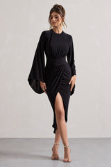 Black Drape-Sleeve Gathered Midi Dress