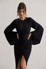 Black Drape-Sleeve Gathered Midi Dress