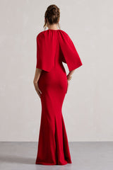 Red Draped Short-Sleeve Maxi Dress