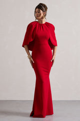 Red Draped Short-Sleeve Maxi Dress