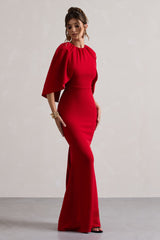 Red Draped Short-Sleeve Maxi Dress