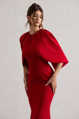 Red Draped Short-Sleeve Maxi Dress