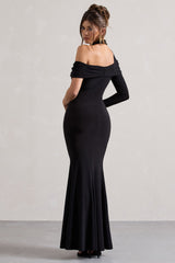 Black Asymmetric High-Neck Split Maxi Dress