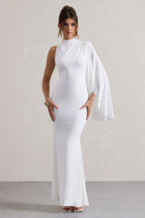 White High-Neck Cape-Sleeve Maxi Dress