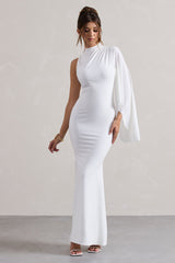 White High-Neck Cape-Sleeve Maxi Dress