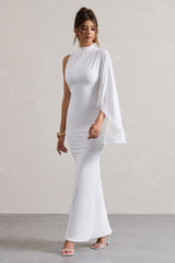 White High-Neck Cape-Sleeve Maxi Dress