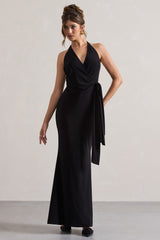 Black Halter-Neck Gathered Drape Maxi Dress